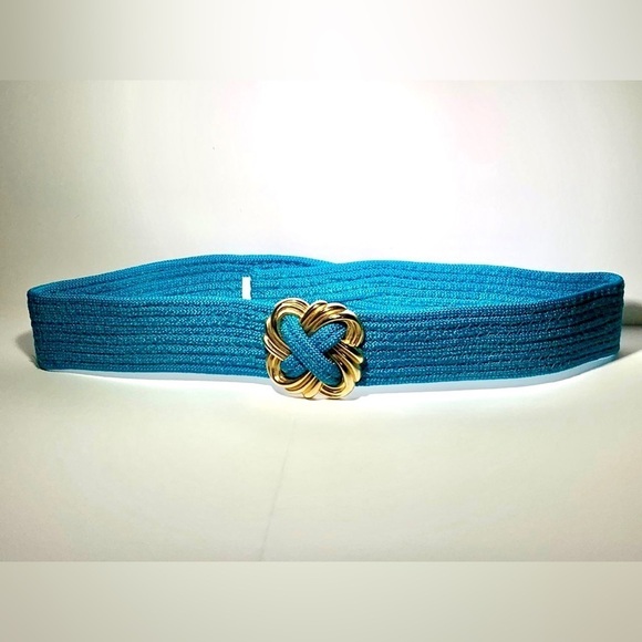 VTG 70s Women's M/L Blue MOD Boho Belt Braided Gold Buckle Accent - Picture 1 of 6